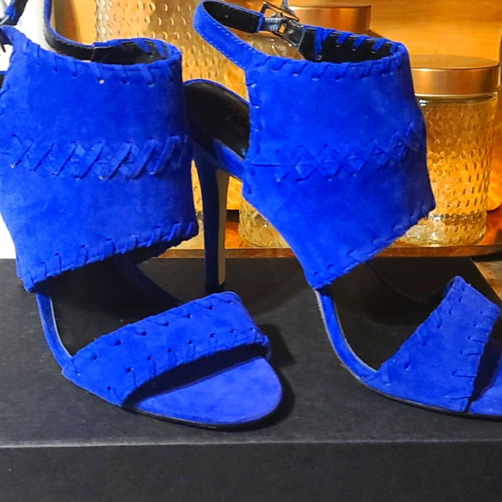 Blue suede sling back pumps